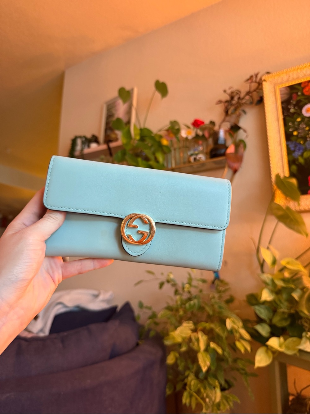 Authentic Gucci Aqua Leather Continental Wallet with Gold Accent